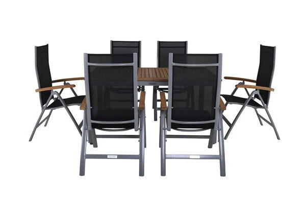 VILLANA Esstischgarnitur, Silber/schwarz, Alu/ FSC-Akazienholz, Ausziehtisch 150/200 Cm, 6 Multipositionssessel 10 VILLANA Esstischgarnitur, Silber/schwarz, Alu/ FSC-Akazienholz, Ausziehtisch 150/200 Cm, 6 Multipositionssessel – Bild 10