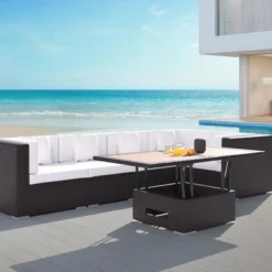 OUTFLEXX Ecklounge-Set Polyrattan, Braun, Für 5 Personen, Inkl. Loungetisch, Wasserfeste Kissenbox