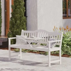 VILLANA Gartenbank, Weiß, Akazienholz, 152 X 59 X 86 Cm, 2-3 Personen, Klapptisch-Funktion