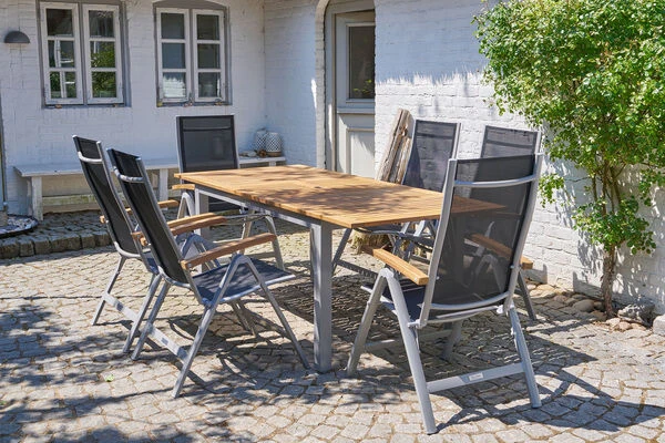 VILLANA Esstischgarnitur, Silber/schwarz, Alu/ FSC-Akazienholz, Ausziehtisch 150/200 Cm, 6 Multipositionssessel 2 VILLANA Esstischgarnitur, Silber/schwarz, Alu/ FSC-Akazienholz, Ausziehtisch 150/200 Cm, 6 Multipositionssessel – Bild 2