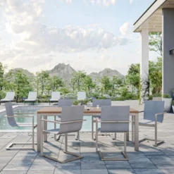 OUTFLEXX Esstischgarnitur, Edelstahl / FSC-Teak, Tisch 200 X 100 Cm, 6 Freischwinger Padded, Silber -Günstiges Garten Perle Geschäft 17301 CGI 02.jpg