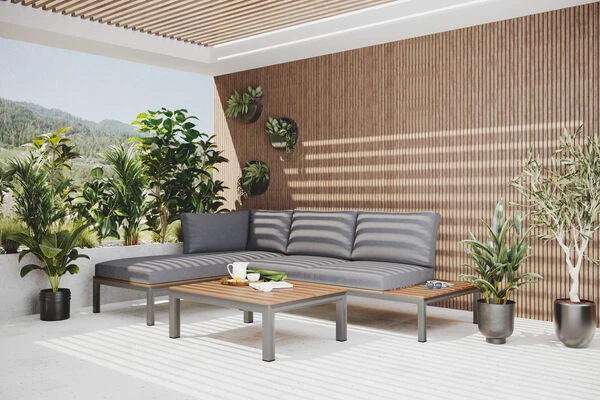 OUTFLEXX Loungemöbel, Silber/grau, Edelstahl/FSC-Teakholz/Textil, Für 4 Personen, Inkl. Kaffeetisch 1 OUTFLEXX Loungemöbel, Silber/grau, Edelstahl/FSC-Teakholz/Textil, Für 4 Personen, Inkl. Kaffeetisch