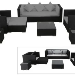 OUTFLEXX Loungemöbel-Set, Schwarz, Polyrattan, Für 6 Personen, Inkl. Kaffeetisch, Wasserfeste Kissenbox