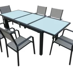 VILLANA Esstischgarnitur, Anthrazit/grau, Alu/Textil, Tisch 160/220 Cm, 6 Stapelstühle