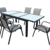 VILLANA Esstischgruppe, Anthrazit/grau, Alu/Textil, Ausziehtisch 160/220cm, 6 Stapelstühle