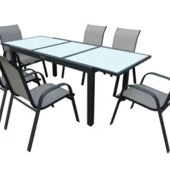 VILLANA Esstischgruppe, Anthrazit/grau, Alu/Textil, Ausziehtisch 160/220cm, 6 Stapelstühle