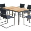 OUTFLEXX Set, Schwarz, Edelstahl/Teak, Tisch 180/240 X 100 Cm, 6 Stapelstühle Gepolstert