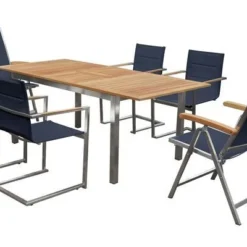 OUTFLEXX Set, Schwarz, 180/240 X 100 Cm, Edelstahl/Teak, Ausziehtisch, 4 Stühle Padded, 2 Multipositionssessel
