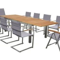 OUTFLEXX Set, Taupe, 200/300 X 100 Cm, Edelstahl/Teak, Ausziehtisch, 8 Stühle Padded, 2 Multipositionssessel