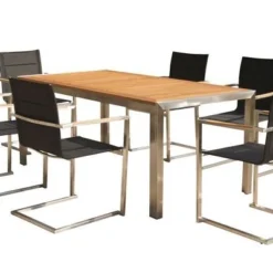 OUTFLEXX Sitzgruppe, Schwarz, Edelstahl/Teak, Esstisch 200 X 90 Cm, 6 Stapelstühle Gepolstert