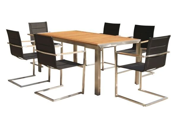 OUTFLEXX Sitzgruppe, Schwarz, Edelstahl/Teak, Esstisch 200 X 90 Cm, 6 Stapelstühle Gepolstert 1 OUTFLEXX Sitzgruppe, Schwarz, Edelstahl/Teak, Esstisch 200 X 90 Cm, 6 Stapelstühle Gepolstert