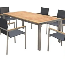 OUTFLEXX Set, Schwarz, Edelstahl/Teak, Esstisch 200 X 90 Cm, 6 Stapelstühle