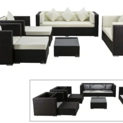 OUTFLEXX Loungemöbel-Set, Braun, Polyrattan, Für 9 Personen, Inkl. Kaffeetisch, Wasserfeste Kissenbox