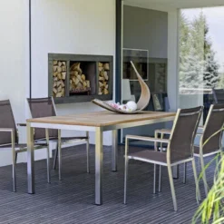 STERN Cardiff Esstischgarnitur, Taupe/silber, Edelstahl/Textil, 160 X 90 Cm, 4 Pers., FSC-Teakholz