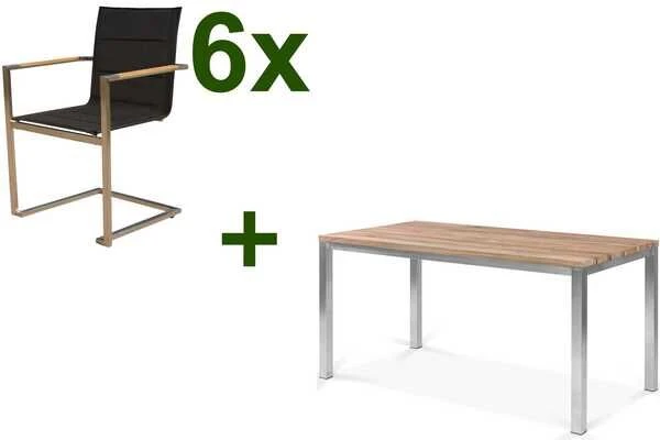 OUTFLEXX Esstischgarnitur, Edelstahl / FSC-Teak, Tisch 150x80cm, 6 Freischwinger Padded, Schwarz 1 OUTFLEXX Esstischgarnitur, Edelstahl / FSC-Teak, Tisch 150x80cm, 6 Freischwinger Padded, Schwarz