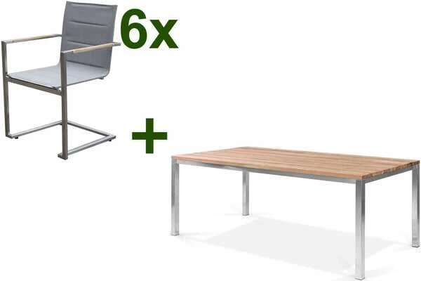OUTFLEXX Esstischgarnitur, Edelstahl / FSC-Teak, Tisch 200 X 100 Cm, 6 Freischwinger Padded, Taupe 1 OUTFLEXX Esstischgarnitur, Edelstahl / FSC-Teak, Tisch 200 X 100 Cm, 6 Freischwinger Padded, Taupe