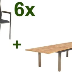 STERN Polaris Esstischgruppe, Silbergrau, Edelstahl/FSC-Teak, Tisch 220/340 X 100 Cm, 6 Stapelsessel