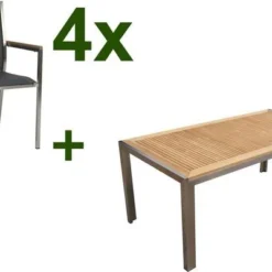 STERN Polaris Esstischgarnitur, Silbergrau, Edelstahl/FSC-Teak, Tisch 180 X 90 Cm, 4 Stapelsessel