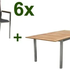 STERN Polaris Esstischgruppe, Silbergrau, Edelstahl/FSC-Teak, Tisch 150/200 X 90 Cm, 6 Stapelsessel