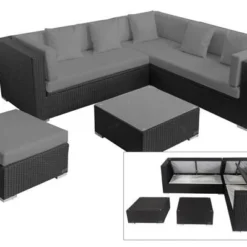 OUTFLEXX Loungemöbel-Set, Schwarz, Polyrattan, 6 Personen, Wasserfeste Kissenbox, Inkl. Kaffeetisch
