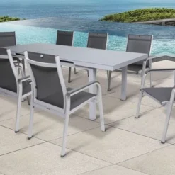 KETTLER BasicPlus Esstischgarnitur, Silber, Alu/Textilene, Tisch 180/240x100cm, 8 Stapelsessel