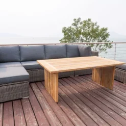 OUTFLEXX Loungegarnitur, Polyrattan/Teakholz, Tisch 160x90cm, Für 6 Personen, Wasserfeste Kissenbox