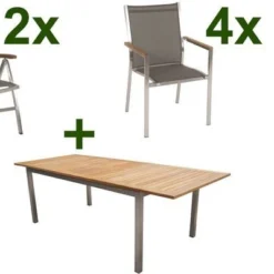 STERN Cardiff Esstischgruppe, Silber/taupe, Edelstahl/FSC-Teak, Tisch 200/300 X 100 Cm, 4 Stapel-, 2 Multipositionssessel