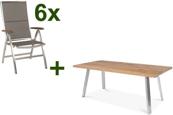 STERN Cardiff Esstischgruppe, Silber/taupe, Edelstahl/Teak, Tisch 160 X 90 Cm, 6 Multipositionssessel 1 STERN Cardiff Esstischgruppe, Silber/taupe, Edelstahl/Teak, Tisch 160 X 90 Cm, 6 Multipositionssessel