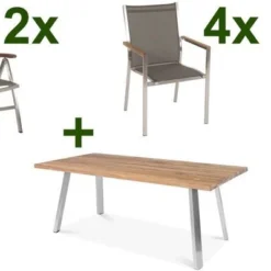 STERN Cardiff Set, Silber/taupe, Edelstahl/Teak, Tisch A-Gestell 220 X 100 Cm, 4 Stapel-, 2 Multipositionssessel