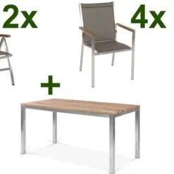 STERN Cardiff Esstischgruppe, Silber/taupe, Edelstahl/Teak, Tisch 150 X 80 Cm, 4 Stapel-, 2 Multipositionssessel