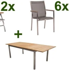 STERN Cardiff Set, Silber/silbergrau, Edelstahl/FSC-Teak, Tisch 200/300 X 100 Cm, 6 Stapel-, 2 Multipositionssessel