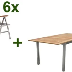 STERN Cardiff Esstischgruppe, Silber/silbergrau, Edelstahl/FSC-Teak, Tisch 150/200 X 90 Cm, 6 Multipositionssessel