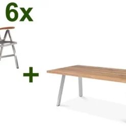 STERN Cardiff Esstischgruppe, Silber/silbergrau, Edelstahl/Teak, Tisch A-Gestell 220 X 100 Cm, 6 Multipositionssessel