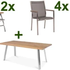 STERN Cardiff Set, Silber/silbergrau, Edelstahl/Teak, Tisch A-Gestell 220 X 100 Cm, 4 Stapel-, 2 Multipositionssessel