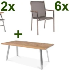 STERN Cardiff Set, Silber/silbergrau, Edelstahl/Teak, Tisch A-Gestell 220 X 100 Cm, 6 Stapel-, 2 Multipositionssessel