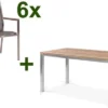 STERN Cardiff Esstischgruppe, Silber/silbergrau, Edelstahl/Teak, Tisch 150 X 80 Cm, 6 Stapelsessel