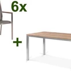 STERN Cardiff Esstischgruppe, Silber/silbergrau, Edelstahl/Teak, Tisch 150 X 80 Cm, 6 Stapelsessel