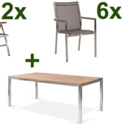 STERN Cardiff Esstischgruppe, Silber/silbergrau, Edelstahl/Teak, Tisch 200 X 100 Cm, 6 Stapel-, 2 Multipositionssessel