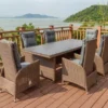 OUTFLEXX Dining Set, Hellbraun, Polyrattan, Tisch 220x100cm, Spraystone, 6mm, 6 Dining Sessel, Verstellbar