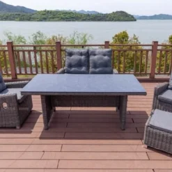 OUTFLEXX Sitzgruppe, Grau, Polyrattan, Tisch 200x95cm, Spraystone, 6mm, 2-Sitzer + 2 Sessel + Hocker