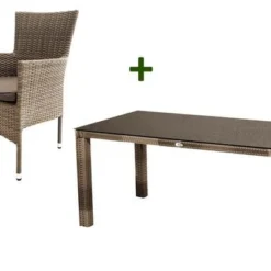 Ploß Rabida Sitzgruppe, Champagner-meliert, Polyrattan, Tisch 170 X 90 Cm, 4 Stapelsessel, Glasplatte In Steinoptik