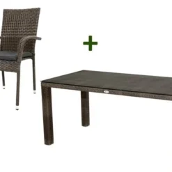 Ploß Rocking Sitzgruppe, Grau/braun-meliert, Polyrattan, Tisch 170 X 90 Cm, 4 Stapelstühle, Glasplatte In Steinoptik