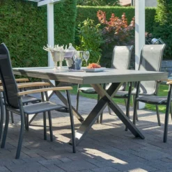 HARTMAN Sondermodell Xanadu / Alice Esstischgarnitur, Xerix/schwarz, Alu/Glaskeramik, 4x4 Textilen, 6 Stapelsessel, 220/280x100cm