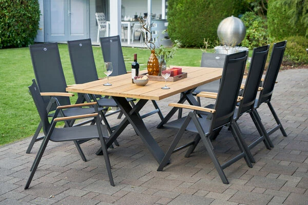 HARTMAN Xanadu / Aruba Set, Xerix/anthrazit, Alu/Teakholz, 2 Stapelsessel, 6 Multipos, Teakarmlehnen, 220x100cm 1 HARTMAN Xanadu / Aruba Set, Xerix/anthrazit, Alu/Teakholz, 2 Stapelsessel, 6 Multipos, Teakarmlehnen, 220x100cm