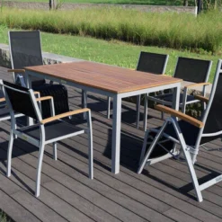 VILLANA Esstischset, Silber/schwarz, Alu/FSC-Akazie, Gartentisch 150 X 90 Cm, 2 Relaxsessel, 4 Stapelsessel