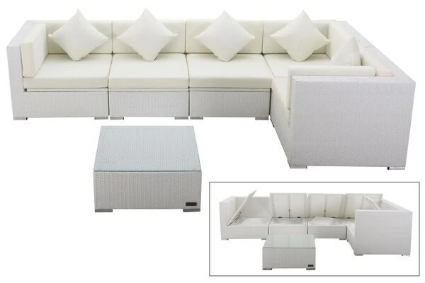 OUTFLEXX Loungemöbel Polyrattan, Weiß, Für 5 Personen, Inkl. Kaffeetisch, Wasserfeste Kissenbox 1 OUTFLEXX Loungemöbel Polyrattan, Weiß, Für 5 Personen, Inkl. Kaffeetisch, Wasserfeste Kissenbox