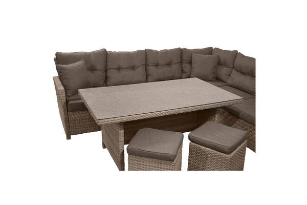 Ploß Rabida Dining-Lounge, Champagner-meliert, Polyrattan, 7 Tlg., 5-6 Pers., 146x85cm, Inkl. Polster 4 Ploß Rabida Dining-Lounge, Champagner-meliert, Polyrattan, 7 Tlg., 5-6 Pers., 146x85cm, Inkl. Polster – Bild 4