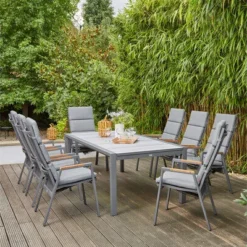 SIENA GARDEN Savona/Kingston Esstischgarnitur, Matt Graphit/grau/wood Look, Alu/Teak/Keramik/Texfabric, Tisch 220/340x108 Cm, 8 Stapelsessel