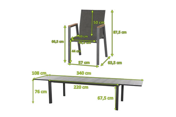 SIENA GARDEN Gomera II/Kingston Esstischgarnitur, Matt Graphit/grau/wood Look, Alu/Teak/Keramik/Texfabric, Tisch 220/340x108 Cm, 6 Stapelsessel 5 SIENA GARDEN Gomera II/Kingston Esstischgarnitur, Matt Graphit/grau/wood Look, Alu/Teak/Keramik/Texfabric, Tisch 220/340x108 Cm, 6 Stapelsessel – Bild 5