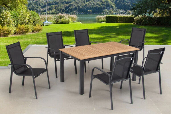 OUTFLEXX Esstischgarnitur, OUTFLEXX® Anthrazit Matt, Alu / Teak / Textil, Tisch 150/210x90cm, 6 Sessel, Stapelbar 1 OUTFLEXX Esstischgarnitur, OUTFLEXX® Anthrazit Matt, Alu / Teak / Textil, Tisch 150/210x90cm, 6 Sessel, Stapelbar